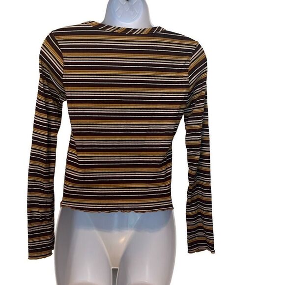 Pinc Y2K Brown Yellow Stripe Long Sleeve Crewneck Ribbed Crop Top Large Grunge - Picture 2 of 6